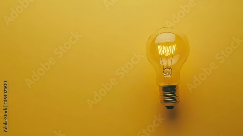 Light bulb on a yellow background on the right.Space for text. Top view. High quality photo.