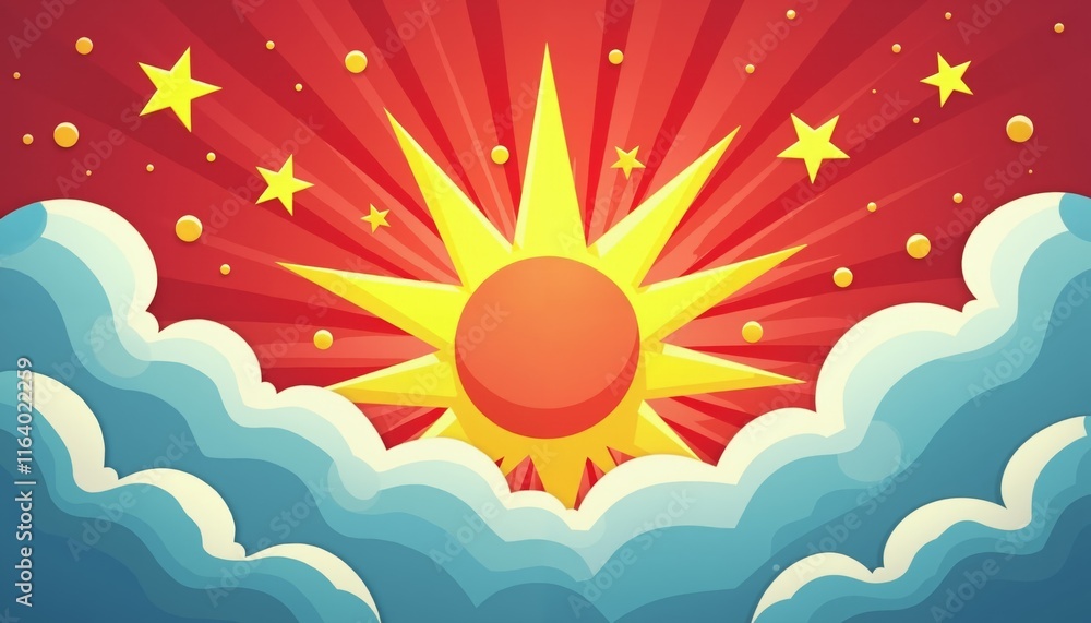 Colorful Sunrise with Stars and Clouds in Playful Design Colorful Sunrise with Stars and Clouds in Playful Design