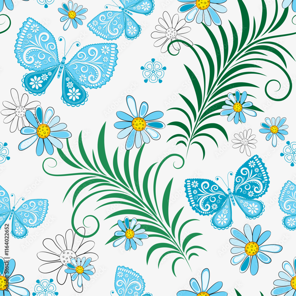 Fototapeta premium Vector seamless hand drawn floral pattern with blue flowers and butterflies on white