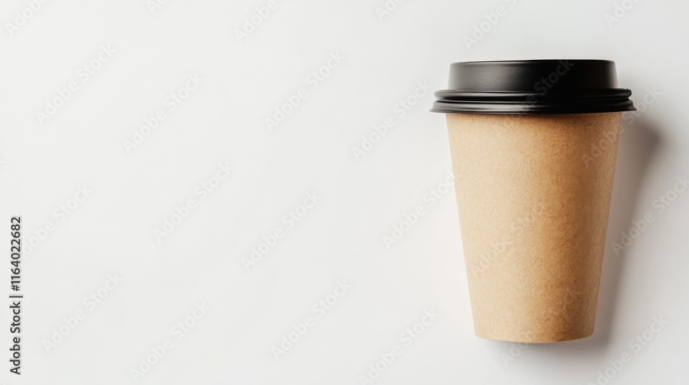 Minimalist paper cup with black lid against a clean white background for coffee lovers Minimalist paper cup with black lid against a clean white background for coffee lovers
