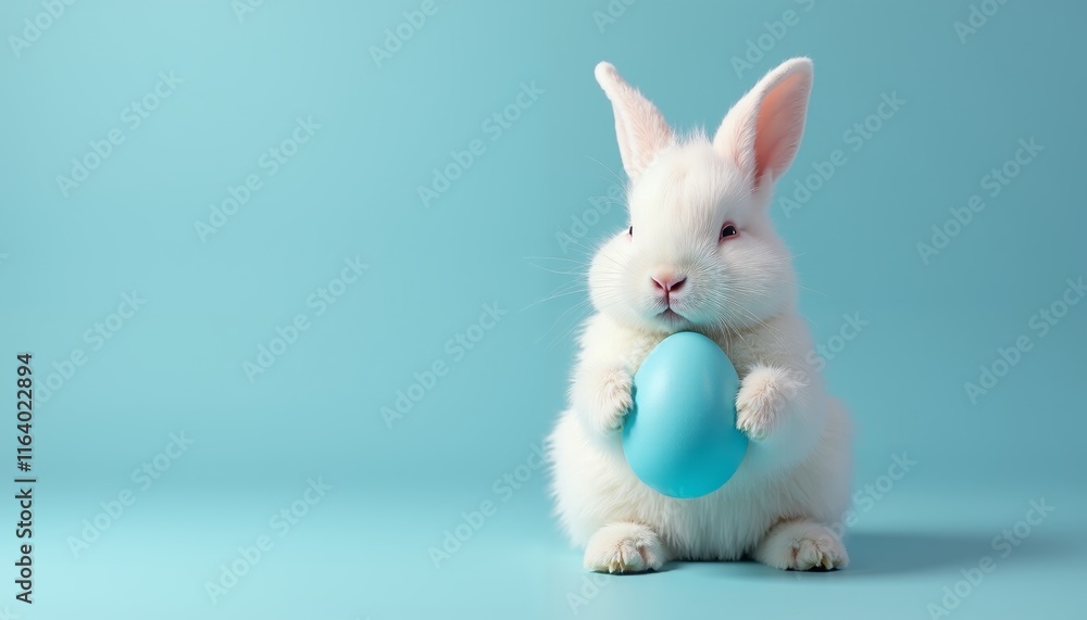 Obraz premium Cute White Bunny Holding Blue Easter Egg on Soft Background