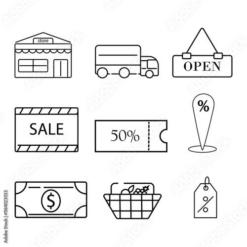 Shopping icon set. Store, delivery, promotion and shopping cart symbol. Online Shopping. Linear icon collection. Vector illustration