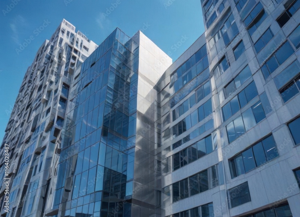 Office building with modern architecture against a clear blue sky, urban landscape, modern design Office building with modern architecture against a clear blue sky, urban landscape, modern design