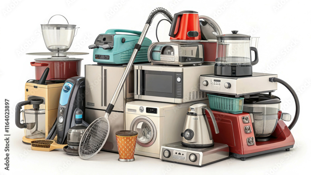 The image shows a large pile of various household appliances. The topic of recycling, environmental awareness, choosing appliances or consumer culture. The image shows a large pile of various household appliances. The topic of recycling, environmental awareness, choosing appliances or consumer culture.