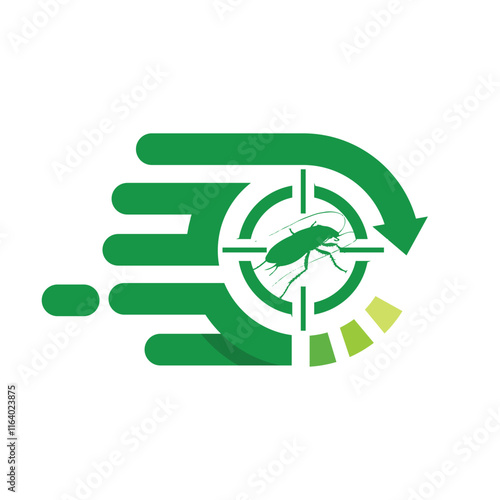 The image shows a flat logo design of a pest exterminator in green color that depicts a bug inside a target mark that reflects accuracy and precision
