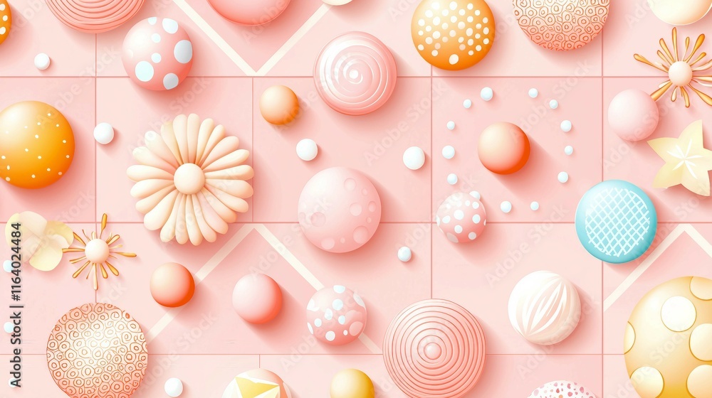 Colorful Pastel Pattern with 3D Circles and Flowers on Background Colorful Pastel Pattern with 3D Circles and Flowers on Background