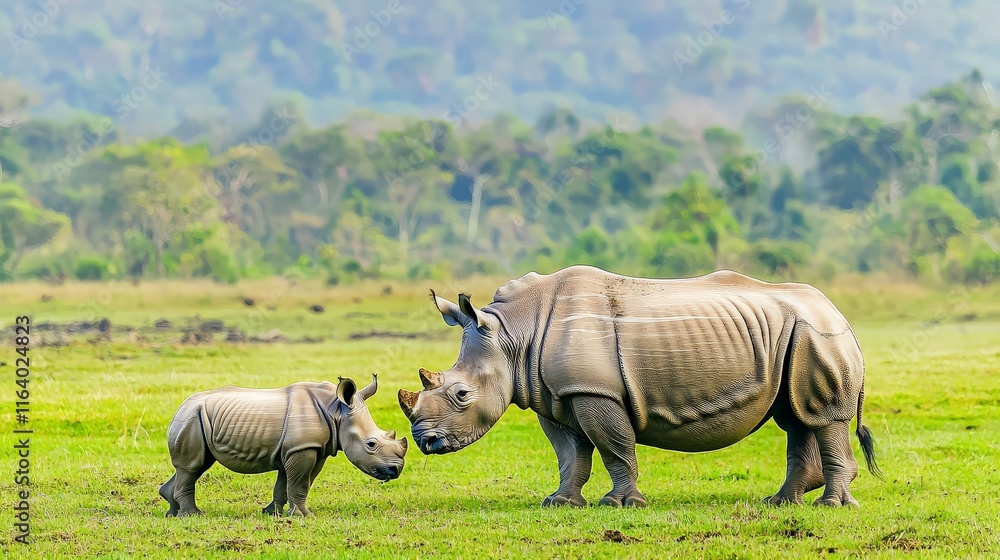 Fototapeta premium Adult and baby rhinoceros in grassy field. (1)