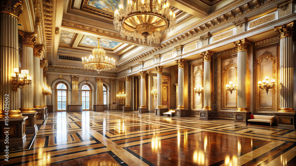Fototapeta premium Luxurious classical assembly hall with ornate chandeliers and reflective floors