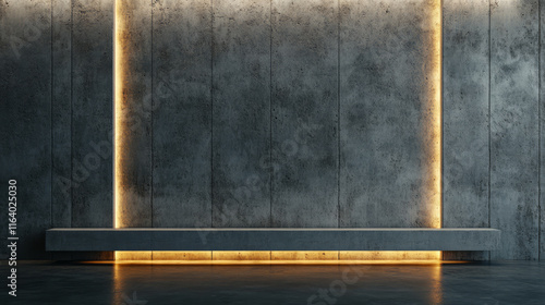 Modern industrial corridor with glowing neon light tube and rough concrete wall interior creating futuristic minimalist atmosphere with floating bench design