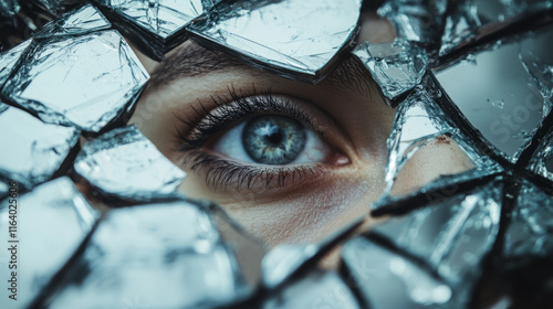 Blue eye reflected in shattered mirror glass with web of cracks creating artistic abstract pattern showing fear emotion through broken reflection
