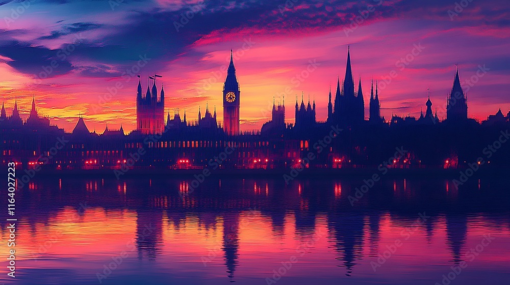 Silhouette of London Houses of Parliament at sunset, vibrant colors reflected in calm water. Silhouette of London Houses of Parliament at sunset, vibrant colors reflected in calm water.