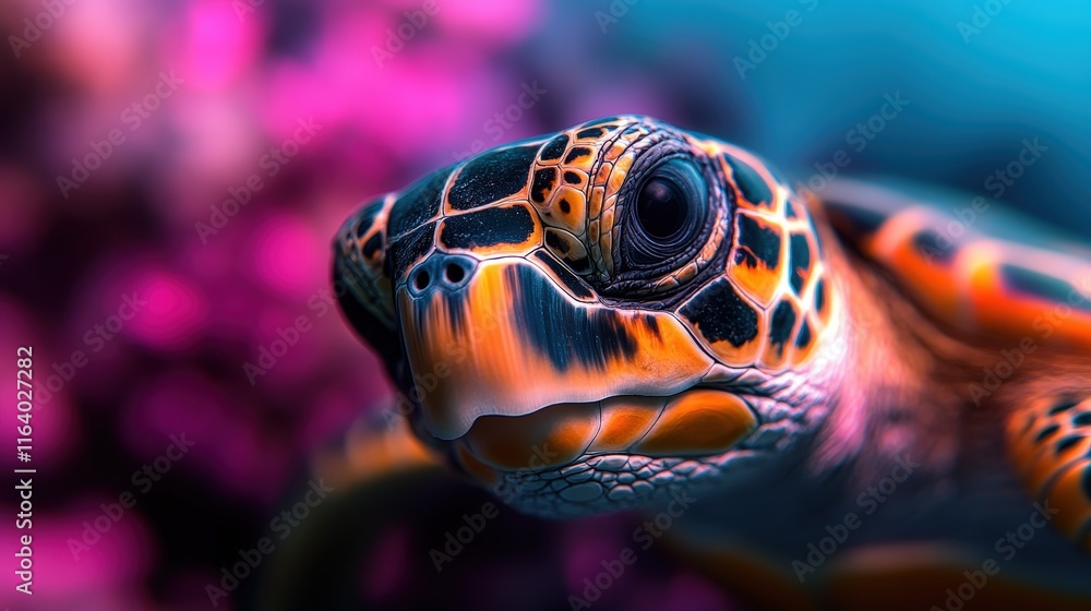 A colorful close-up of a turtle showcasing its intricate shell patterns, set against a vibrant coral background, highlighting the beauty of marine life and nature's artistry. A colorful close-up of a turtle showcasing its intricate shell patterns, set against a vibrant coral background, highlighting the beauty of marine life and nature's artistry.