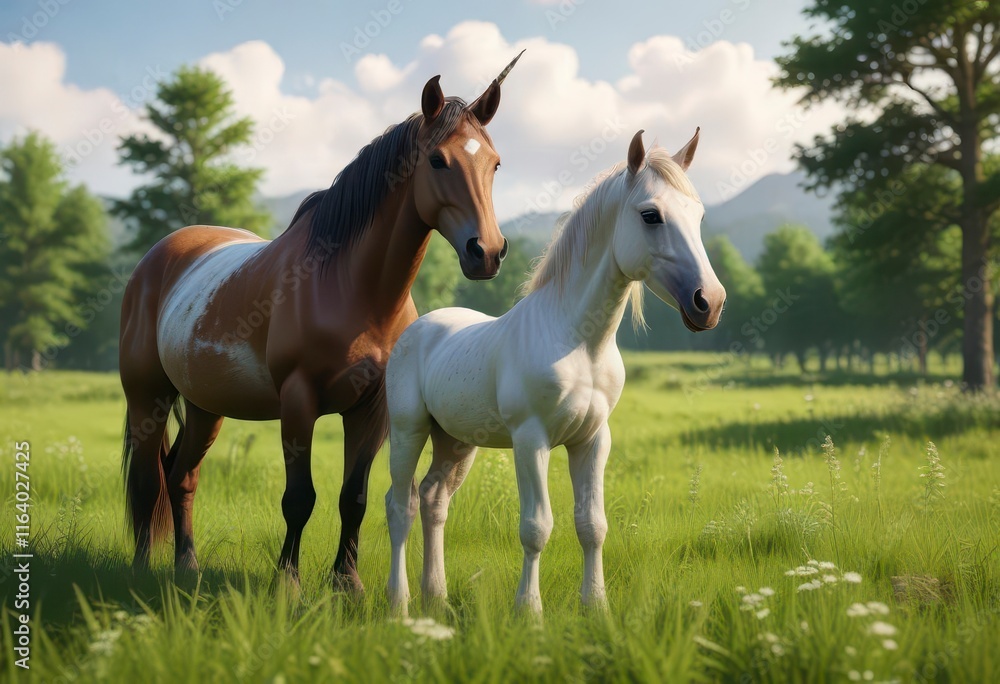 Unicorn Mare and Foal grazing in lush green meadow, nature, grass, unicorn Unicorn Mare and Foal grazing in lush green meadow, nature, grass, unicorn