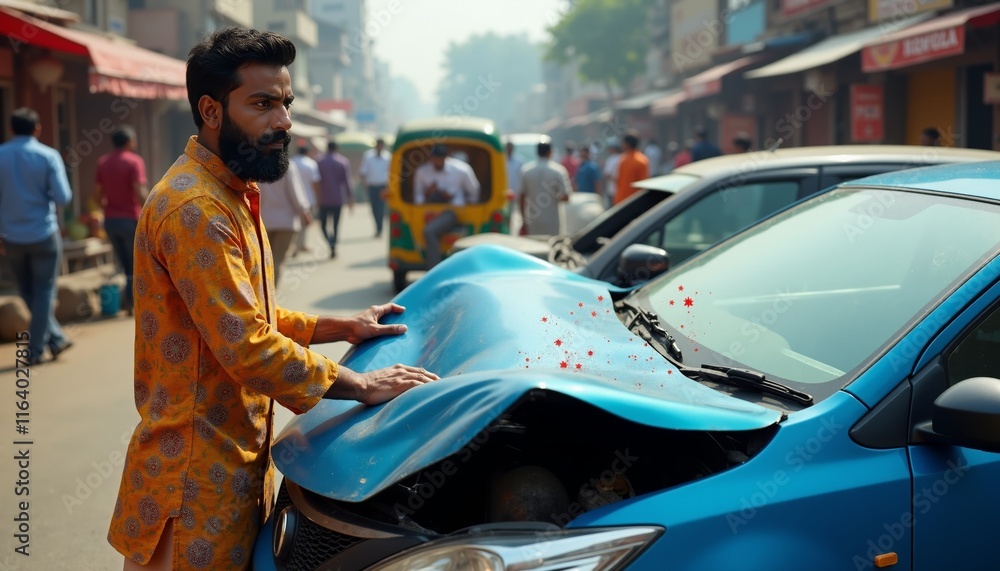 Fototapeta premium Mechanic Repairing Car Hood in Busy Street