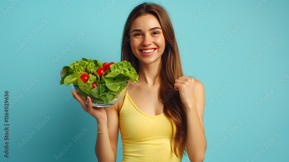 Smiling Young Woman Holding Fresh Salad Bowl Against Blue Background Smiling Young Woman Holding Fresh Salad Bowl Against Blue Background