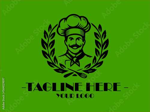 Ideal for food blogs, professional chef vector logo master chef symbol with a modern touch restaurant menus, and cookingthemed designs, a black chef hat, fork, and spoon on a green background