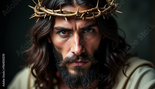 Religious Figure with Thorn Crown Expressing Emotion photo