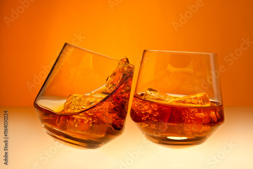 Cheers with two glasses of whisky on the rocks photo