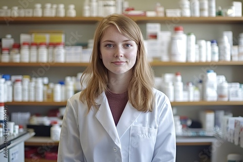 Free Download Confident pharmacist wearing a lab coat poses in a vibrant drugstore, surrounded by shelves filled with various medicine bottles, embodying professionalism in healthcare - GFXLoad