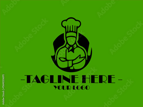Ideal for food blogs, professional chef vector logo master chef symbol with a modern touch restaurant menus, and cookingthemed designs, a black chef hat, fork, and spoon on a green background