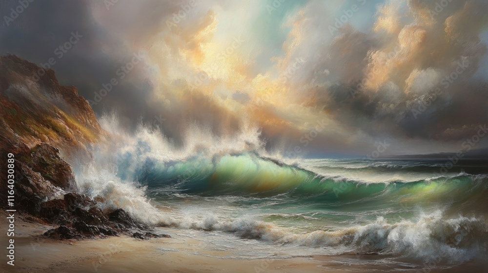 Fototapeta premium Vibrant Waves Crash on Rocky Shore with Dramatic Light
