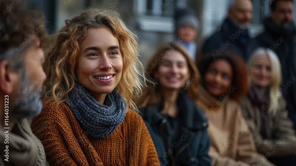 Group of Diverse Adults Sitting Together Outdoors in Autumn Attire, Smiling and Engaging in Conversation, Showcasing Warm Unity in Cool Weatherdiverse group Group of Diverse Adults Sitting Together Outdoors in Autumn Attire, Smiling and Engaging in Conversation, Showcasing Warm Unity in Cool Weatherdiverse group