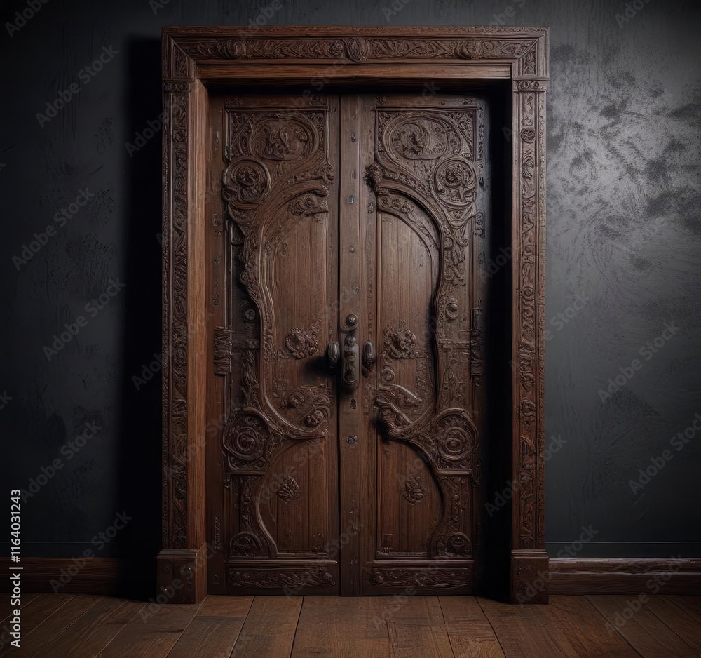 Ancient wooden door with intricate carvings in a dark room, ancient, room Ancient wooden door with intricate carvings in a dark room, ancient, room