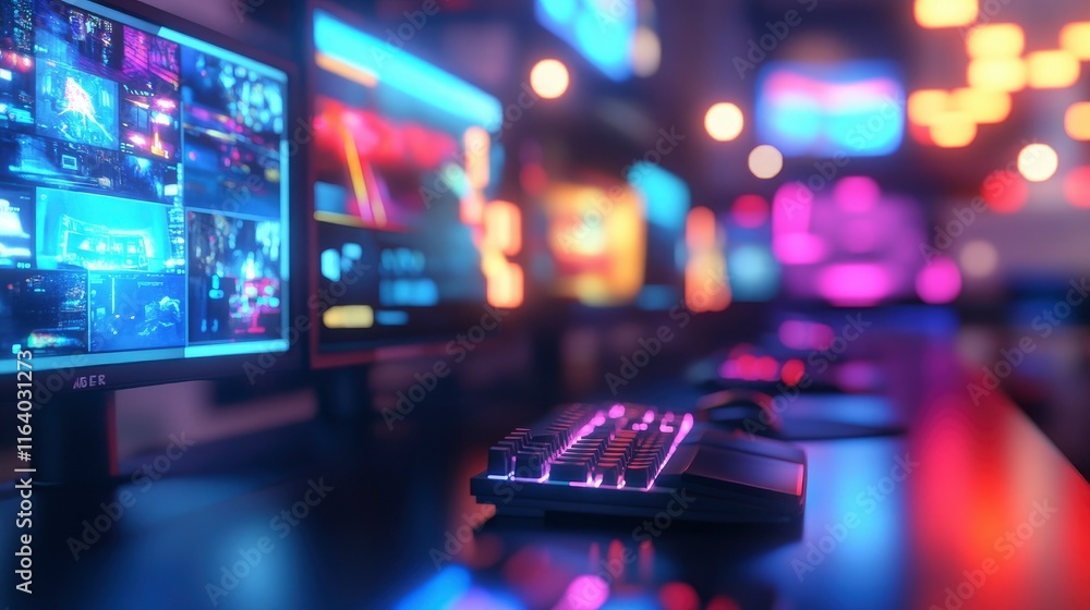 Blurred background of a modern gaming room featuring multiple monitors and vibrant neon lights, creating an immersive environment perfect for gamers and content creators. Blurred background of a modern gaming room featuring multiple monitors and vibrant neon lights, creating an immersive environment perfect for gamers and content creators.