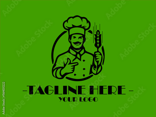 Ideal for food blogs, professional chef vector logo master chef symbol with a modern touch restaurant menus, and cookingthemed designs, a black chef hat, fork, and spoon on a green background