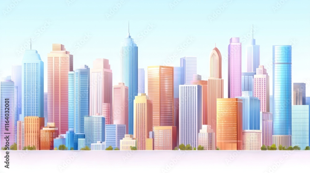 Fototapeta premium A colorful skyline illustration featuring various skyscrapers under a clear blue sky, showcasing modern urban architecture.