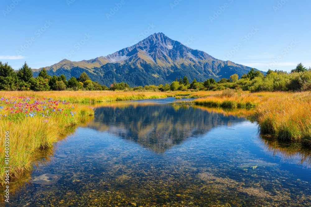 Serene Mountain Lake Reflection Autumnal Landscape with Wildflowers and Clear Water Serene Mountain Lake Reflection Autumnal Landscape with Wildflowers and Clear Water