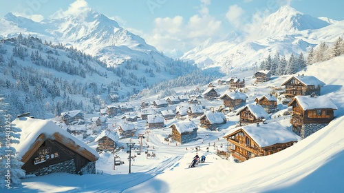 Snowy mountain village nestled in a valley with ski slopes and wooden chalet-style houses. photo