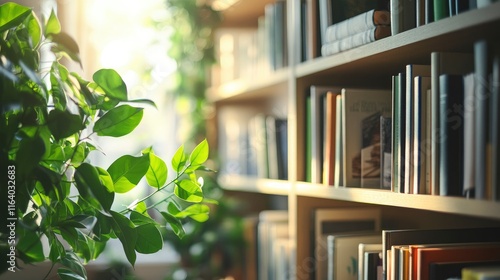 Blurred background of cozy and inviting home library with green plants, natural light and neatly organized books on shelves for a relaxing reading atmosphere. 