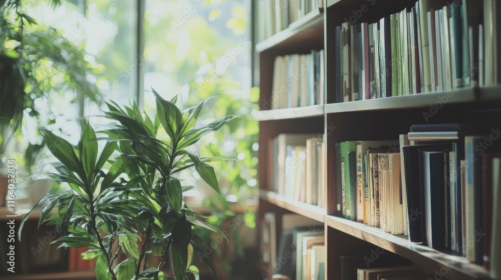 Blurred background of cozy and inviting home library with green plants, natural light and neatly organized books on shelves for a relaxing reading atmosphere. Blurred background of cozy and inviting home library with green plants, natural light and neatly organized books on shelves for a relaxing reading atmosphere.