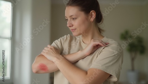 Woman Examining Skin Irritation with Concern in Natural Indoor Setting Free Download Woman Examining Skin Irritation with Concern in Natural Indoor Setting - GFXLoad