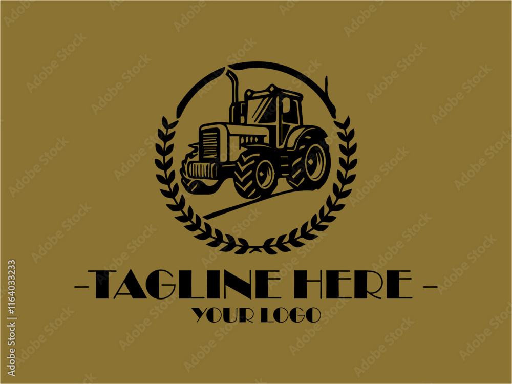 Black tractor in field at sunset with text tractor for logo use. Suitable for agricultural businesses, farm equipment companies, rusticthemed designs, background ilustrasi vector