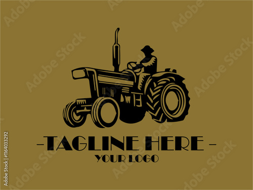 Black tractor in field at sunset with text tractor for logo use. Suitable for agricultural businesses, farm equipment companies, rusticthemed designs, background ilustrasi vector