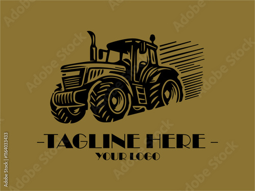 Black tractor in field at sunset with text tractor for logo use. Suitable for agricultural businesses, farm equipment companies, rusticthemed designs, background ilustrasi vector