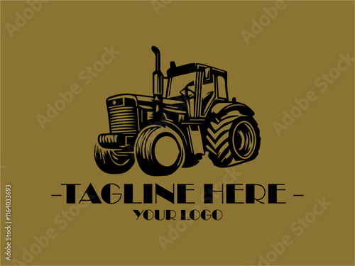 Black tractor in field at sunset with text tractor for logo use. Suitable for agricultural businesses, farm equipment companies, rusticthemed designs, background ilustrasi vector