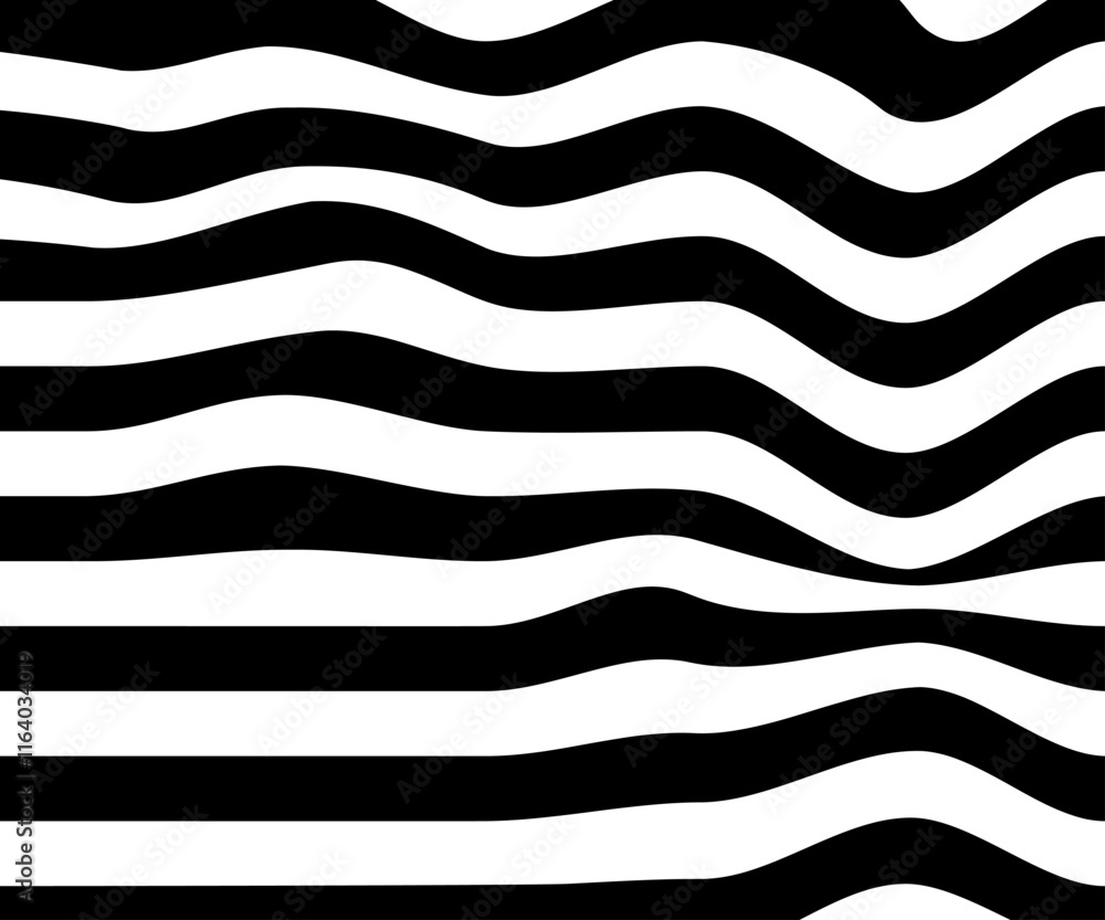 Fototapeta premium Tło w czarno-białe pasy. Dynamiczna kompozycja z falującymi liniami, geometryczne tło na okładki, banery, ulotki, plakaty, tapeta na blog lub social media story.