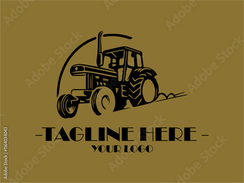 Black tractor in field at sunset with text tractor for logo use. Suitable for agricultural businesses, farm equipment companies, rusticthemed designs, background ilustrasi vector