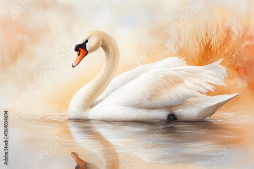 Fototapeta Naklejka Na Ścianę i Meble -  A dreamy watercolor of an ivory swan gliding across a serene lake, with gentle ripples and pastel reflections