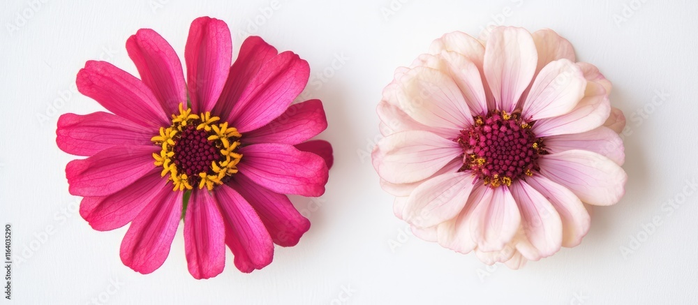 Vibrant zinnia flowers in pink and fuchsia arranged against a clean white background showcasing natural beauty and floral elegance. Vibrant zinnia flowers in pink and fuchsia arranged against a clean white background showcasing natural beauty and floral elegance.
