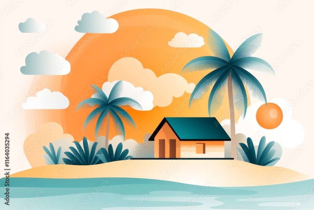 Obraz premium A flat design of a tropical island with a single hut and a surrounding coral reef, emphasizing simplicity