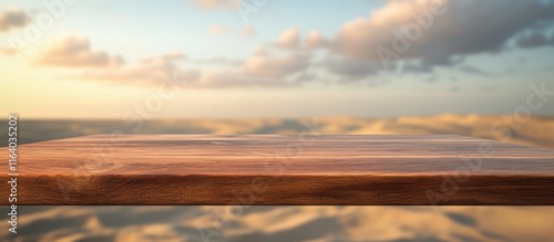 Wooden tabletop against a blurred tropical beach background perfect for product displays and montages showcasing natural beauty and tranquility photo