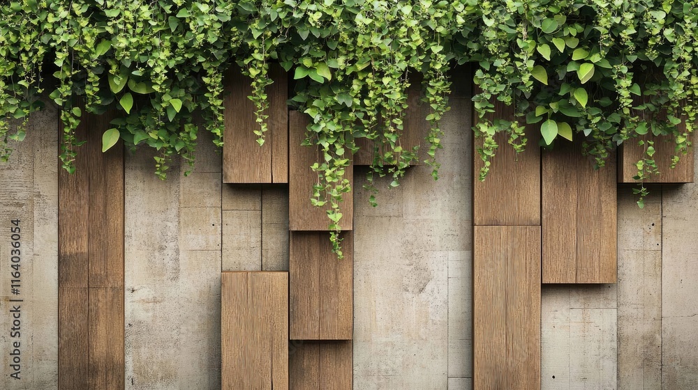 Textured wooden wall with a mix of planks and blocks accented by lush green hanging plants creating a natural and organic backdrop. Textured wooden wall with a mix of planks and blocks accented by lush green hanging plants creating a natural and organic backdrop.
