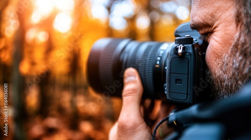 A passionate photographer captures the essence of autumnal beauty amidst the golden foliage, emphasizing the art of photography and the connection to nature’s transformation. photo