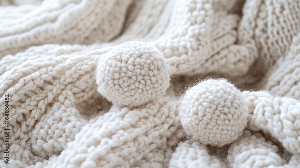Cozy close up of textured warm white knitted blanket with fluffy pom poms on rustic background perfect for home interior and comfort themes Cozy close up of textured warm white knitted blanket with fluffy pom poms on rustic background perfect for home interior and comfort themes