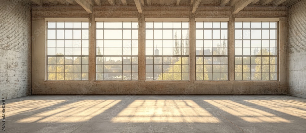 Wooden scaffolding framing large windows in an expansive empty construction space with natural light illuminating the interior Wooden scaffolding framing large windows in an expansive empty construction space with natural light illuminating the interior