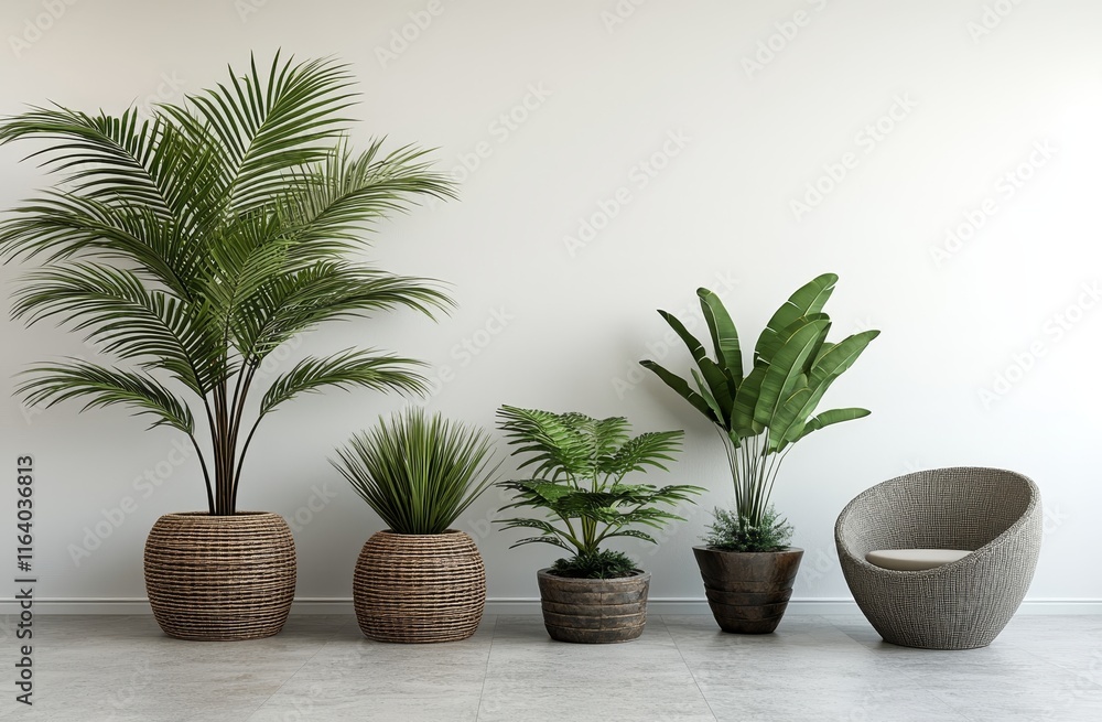 Fototapeta premium A modern room for work featuring green potted plants, embodying home design principles